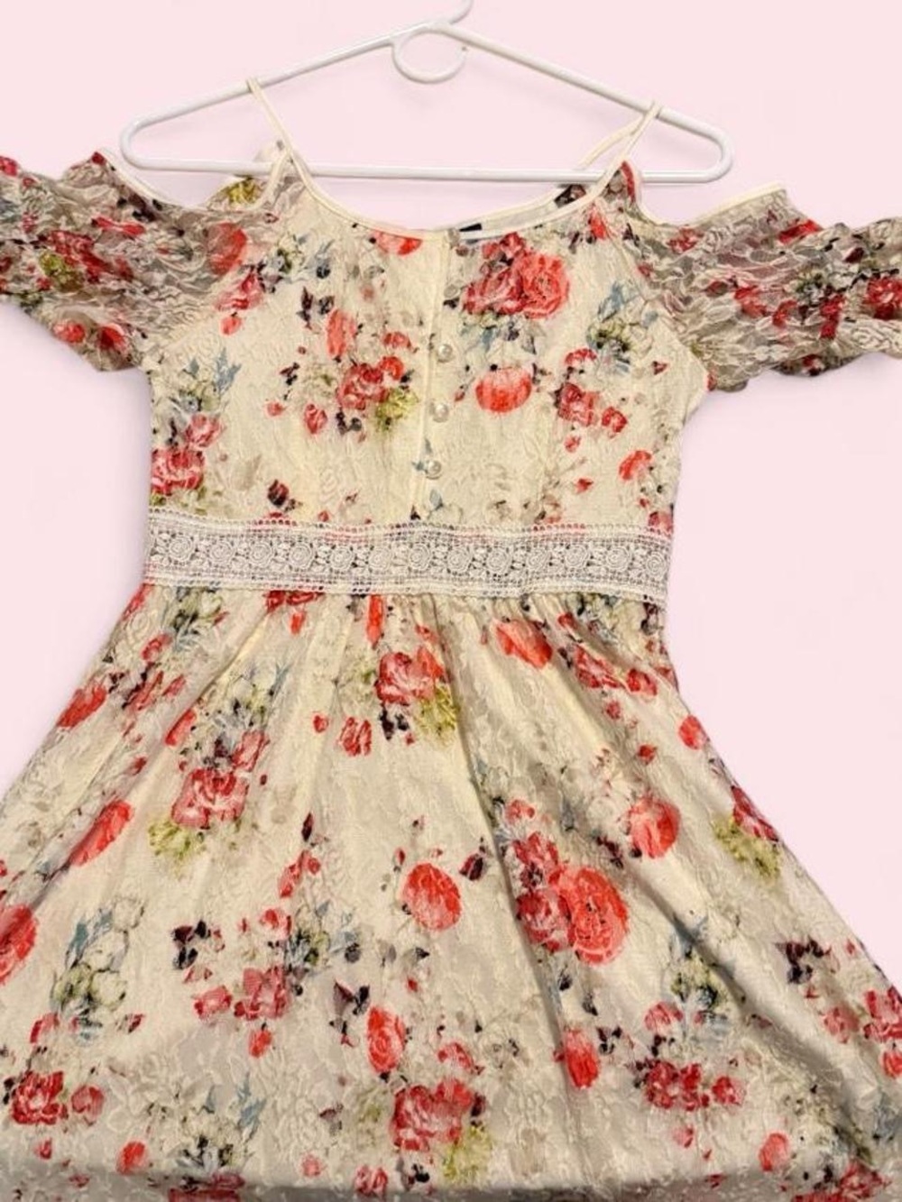 Jrs xs Disney brand Floral Lace Cold-Shoulder Dress - Cream with Coral Roses